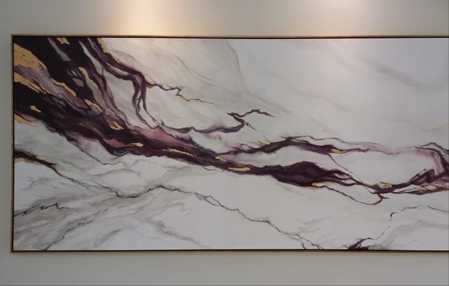 Marbled diptych in purple and gold, conceived for a specific space